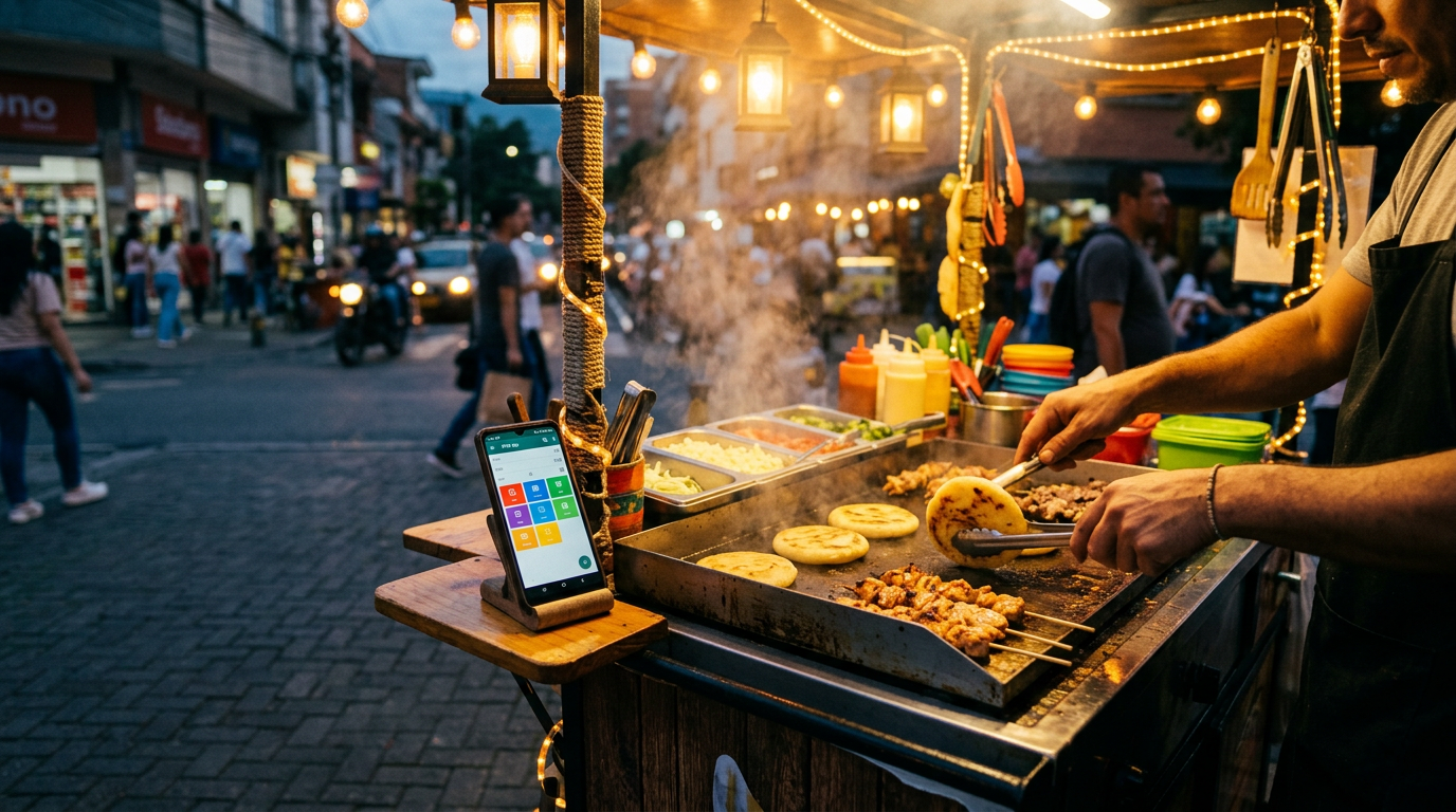 Carrito de comida callejera colombiana al atardecer, con un celular mostrando la app de ventas